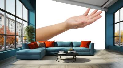 A helping hand with arm raised and reach out with palm up and finger spread isolated in white background. Concept of care, kindness and ready for help gesturing. Wall mural