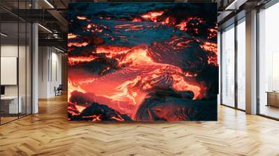 Atmospheric close-up view of flowing lava at volcano eruption site in Geldingadalir, Iceland — June 2021 Wall mural