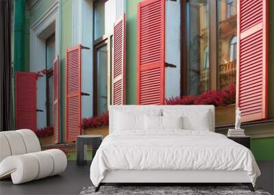 Image of three windows with red shutters and flowers on the windowsills Wall mural