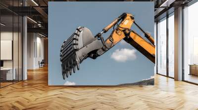 Large quarry dump excavator. Big yellow mining excavator at work site. Loading coal into body truck. Mining digger, mining machinery to loading rock. Production useful minerals Wall mural