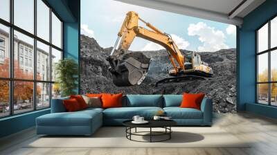 large quarry dump truck. big yellow mining truck at work site. loading coal into body truck. product Wall mural