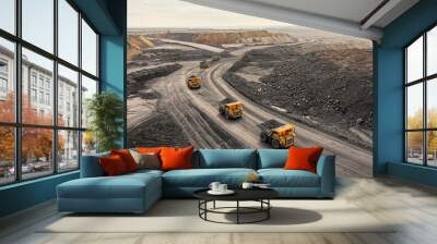 Large quarry dump truck. Big yellow mining truck at work site. Loading coal into body truck. Production useful minerals. Mining truck mining machinery to transport coal from open-pit production Wall mural