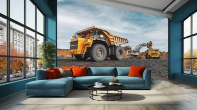 Large quarry dump truck. Big yellow mining truck at work site. Loading coal into body truck. Production useful minerals. Mining truck mining machinery to transport coal from open-pit production Wall mural