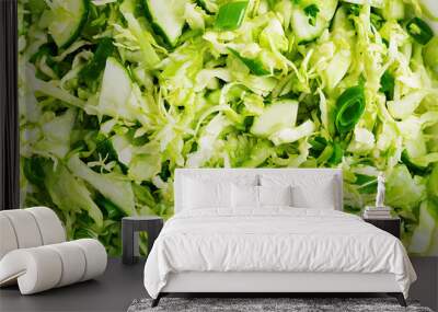 Background vegetarian salad. Spring vegan salad with cabbage, cucumber, green onion and parsley. Top view Wall mural