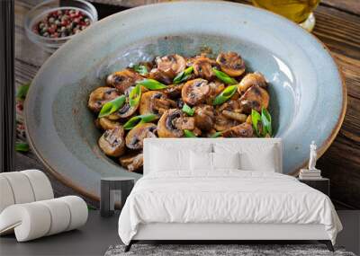 Baked mushrooms with soy sauce and herbs. Vegan food. Wall mural