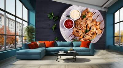 Chicken shish kebab. Shashlik - grilled meat and fresh vegetables. Top view Wall mural