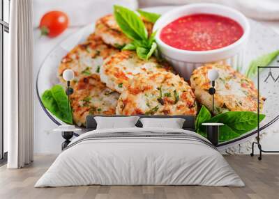 Delicious rice and chicken meat patties with garlic tomato sauce. Diet food. Wall mural