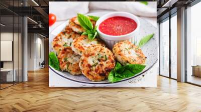 Delicious rice and chicken meat patties with garlic tomato sauce. Diet food. Wall mural