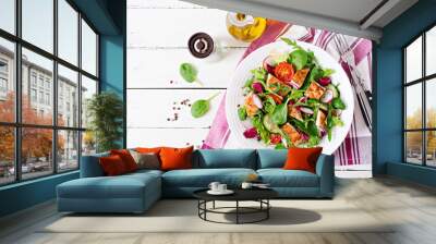 Fresh vegetable salad with grilled chicken breast   - tomatoes, cucumbers, radish and mix lettuce leaves. Chicken salad. Healthy food. Top view Wall mural