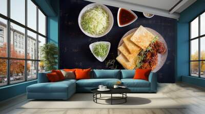 Ingredients for Katsu Sando - food trend japanese sandwich with breaded pork chop, cabbage and tonkatsu sauce. Japanese cuisine. Top view Wall mural