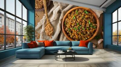 lentil with carrot and onion in wooden bowl. healthy lifestyle. diet menu. flat lay. top view Wall mural