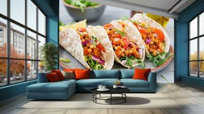 Mexican tacos with beef, beans in tomato sauce and salsa Wall mural