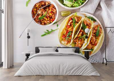 Mexican tacos with chicken meat, corn and tomato sauce. Latin American cuisine. Taco, tortilla, wrap. Top view. Flat lay Wall mural