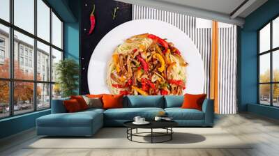 Noodles with shimeji mushrooms and paprika. Oriental meal. Japanese Shimeji mushroom stir fry. Top view Wall mural