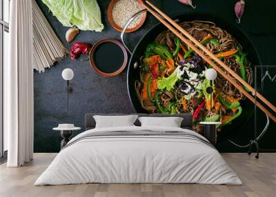 Soba noodles with beef, carrots, onions and sweet peppers Wall mural