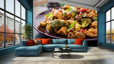 stir fry with chicken, mushrooms, broccoli and peppers - chinese food Wall mural