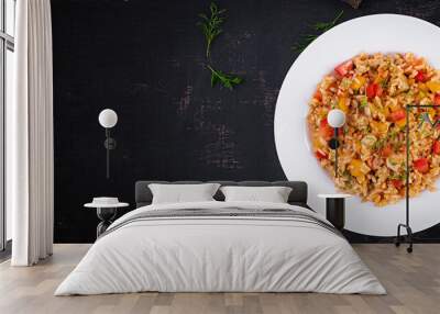 Tomato rice with vegetables and chicken. Healthy food. Healthy lifestyle. Top view, banner Wall mural