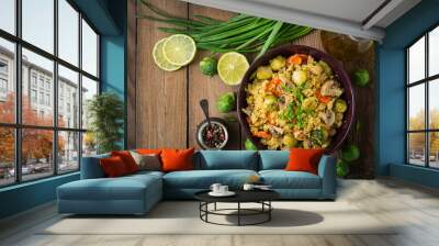 Vegetarian couscous salad with brussels sprouts, mushrooms, carrots and spices. Fitness food. Proper nutrition. Flat lay. Top view Wall mural