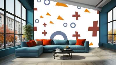 Flat vector texture of geometric colorful shapes. Geometric figures patter in modern hipster style. Abstract background with blue circles, brown crosses and orange triangles Wall mural