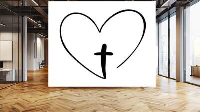 Vector Christian logo Heart with Cross on a White Background. Isolated Hand Drawn Calligraphic symbol. Minimalistic religion icon Wall mural