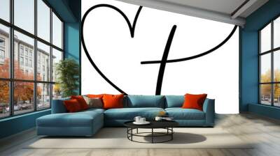 Vector Christian logo one line Heart with Cross on a White Background. Hand Drawn Calligraphic symbol. Minimalistic religion icon Wall mural