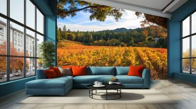 A panoramic of autumn colors of yellow and red in a vineyard. An oak tree frames the top of the image. Pine and hard wood trees and a blue sky with puffy white clouds are in the background. Wall mural