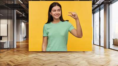 Smiling cute brunette young woman in mint tshirt standing and showing small size by fingers isolated over yellow background Wall mural