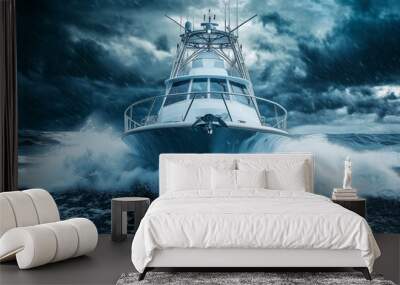 A paper boat made from dollar bills sailing through stormy weather Wall mural