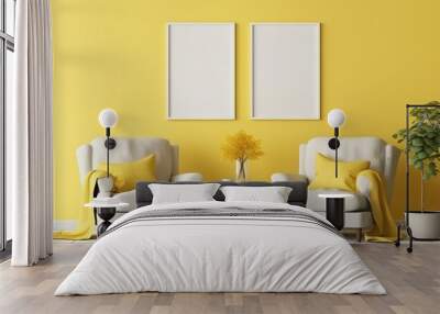 A white-framed mock-up poster on a yellow wall with two wooden objects Wall mural