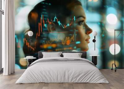 Businesswoman overlayed with stock market chart in a double exposure effect Wall mural