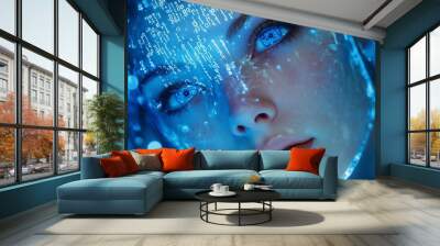 Digital innovation backdrop with blue interface and binary code imagery Wall mural