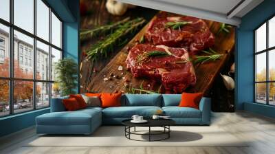 Two pieces of raw meat sitting on a cutting board Wall mural