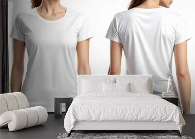 Print design template of young woman in blank t-shirt from front and rear view isolated on white background Wall mural