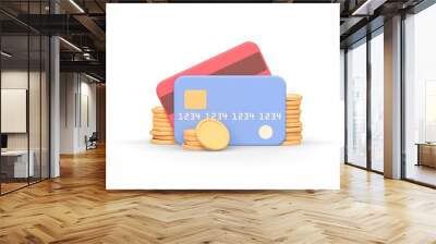 Realistic 3d icon of two credit or debit cards and golden coins Wall mural