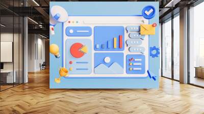 Digital marketing concept with icons, social network and media symbols. Landing page template. 3D illustration Wall mural