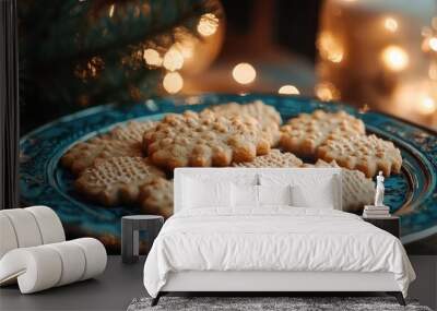 A beautifully arranged plate of festive cookies with a warm background and soft lights, perfect for holiday celebrations. Wall mural