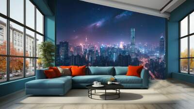 A breathtaking panoramic view of a vibrant city illuminated at night with stunning galaxy backdrop and luminous city lights. Wall mural