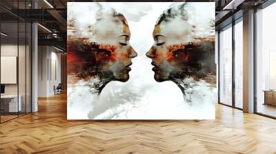 A captivating abstract art piece featuring two profile faces with dynamic flowing colors and textures, illustrating duality and emotion. Wall mural