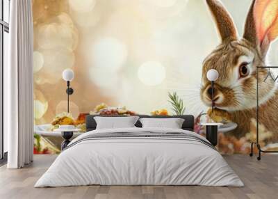 A charming rabbit enjoys a festive feast, surrounded by autumn leaves and warm lights, embodying the spirit of celebration. Wall mural