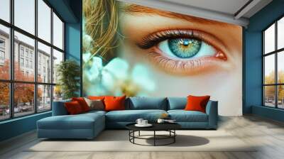 A close-up of a beautiful eye framed by delicate flowers, showcasing captivating colors and intricate details. Wall mural