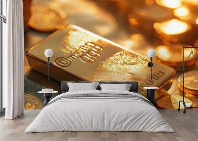 A close-up view of a gold bar surrounded by shiny coins, symbolizing wealth, investment, and financial security. Wall mural