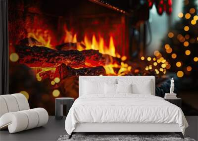 A cozy fireplace glowing with warm flames, surrounded by festive decorations and soft bokeh lights, perfect for holiday ambiance. Wall mural