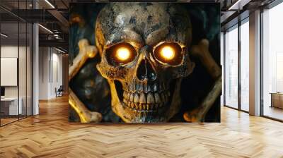 A haunting skull with glowing eyes surrounded by bones, embodying a spooky or mystical atmosphere for Halloween or horror themes. Wall mural