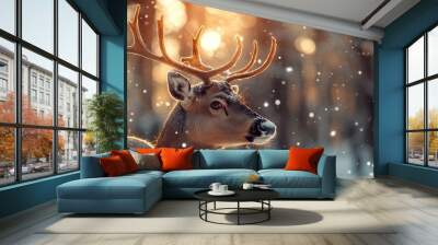 A majestic deer stands in a snowy forest, illuminated by soft sunlight filtering through the trees, creating a magical winter scene. Wall mural