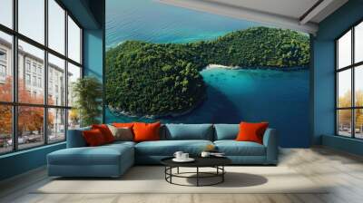 Aerial view of a lush green tropical island surrounded by crystal clear blue ocean water under a bright sunny sky, perfect for travel destinations. Wall mural