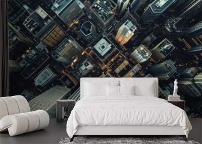 Aerial view of tall city skyscrapers creating a dense urban landscape, capturing the complexity and beauty of modern architectural design. Wall mural