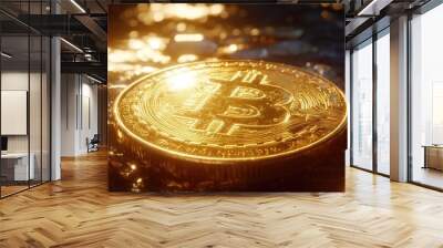 Close-up of a shining Bitcoin on textured surface representing cryptocurrency wealth and innovation. Wall mural