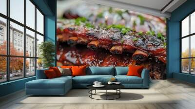 Close-up of delicious, juicy BBQ ribs on a grill, garnished with fresh herbs, perfect for a summer cookout or barbecue party. Wall mural