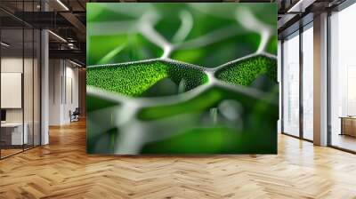 Close-up of textured green leaf pattern, nature's intricate details highlighted. Wall mural