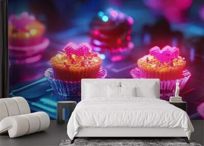 Colorful cupcakes with vibrant decorations, glowing under neon lights, ideal for food, dessert, and party themes. Wall mural